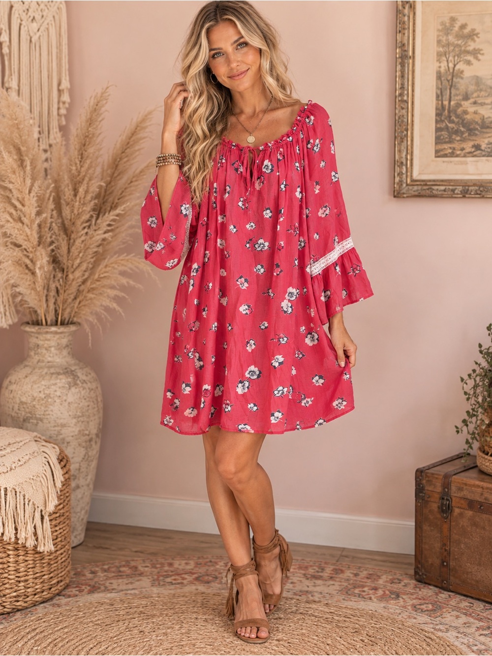 Floral Peasant Mini Dress in Red/Orange